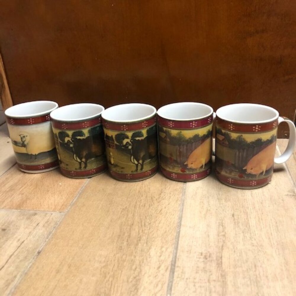 Set of 5 Rustic Block Country Farm by Gear 12 oz Ceramic mugs